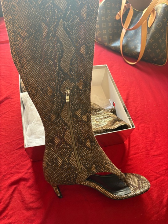 Snake-Print Open-Toe Knee-High Heeled Boots - Brown - Picture 2 of 4